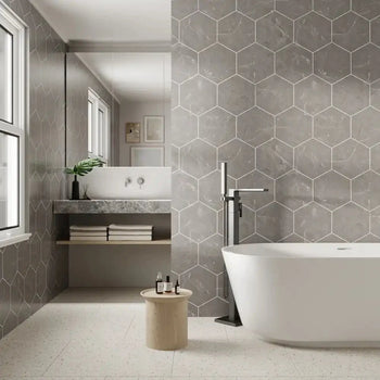 Lunar Stone Hexagon Tile Grout Line 1m Wall Panel